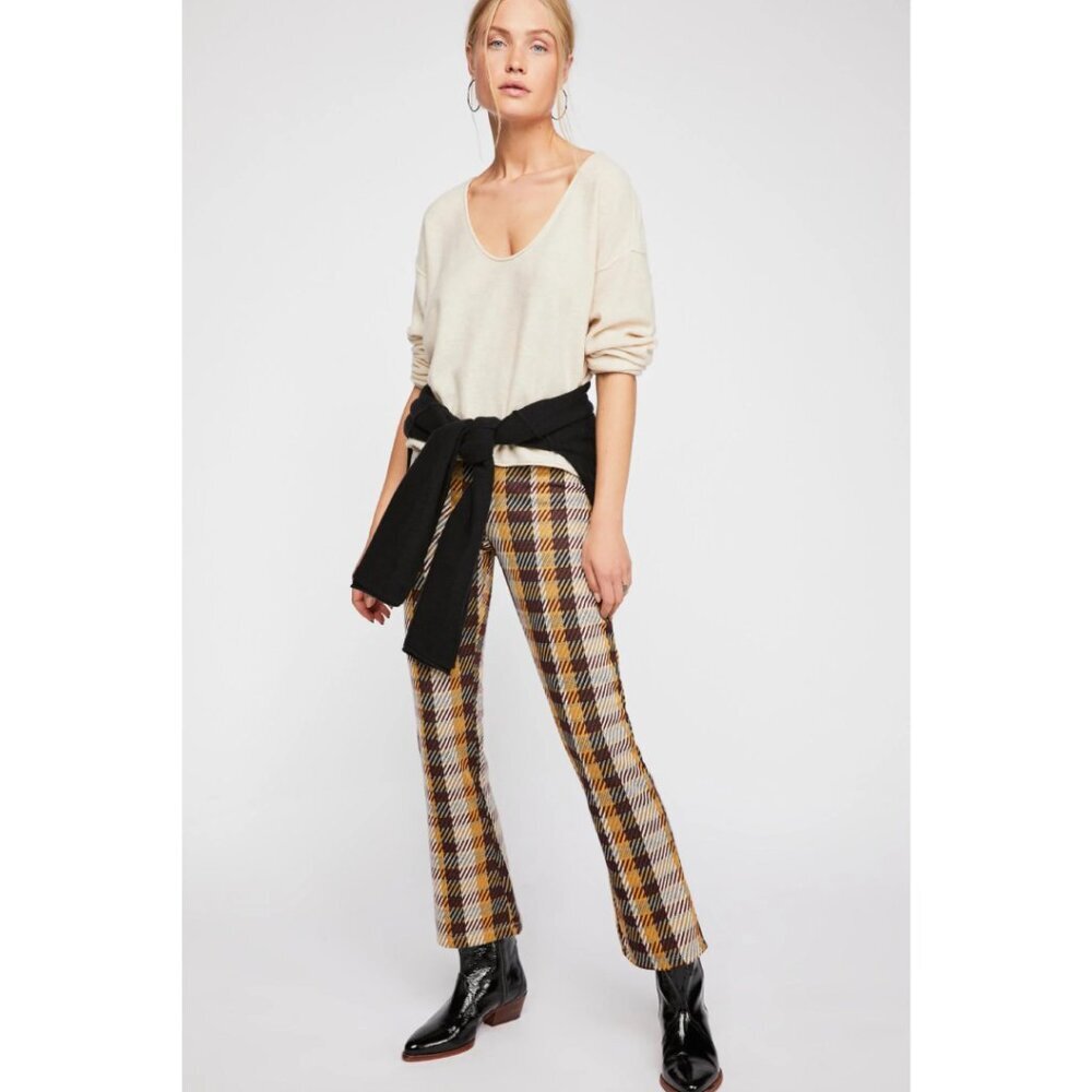 Free People Plaid‎ Clean Cropped Flare Pants Women's Size 6 Pull On Preppy